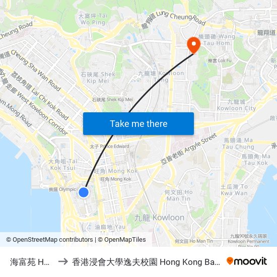 海富苑 Hoi Fu Court to 香港浸會大學逸夫校園 Hong Kong Baptist University Shaw Campus map
