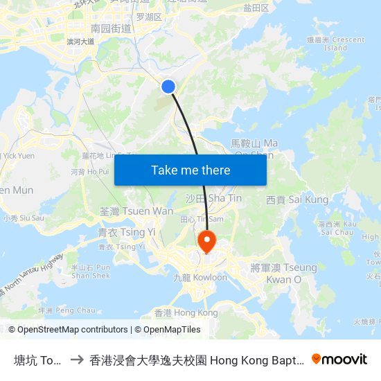 塘坑 Tong Hang to 香港浸會大學逸夫校園 Hong Kong Baptist University Shaw Campus map