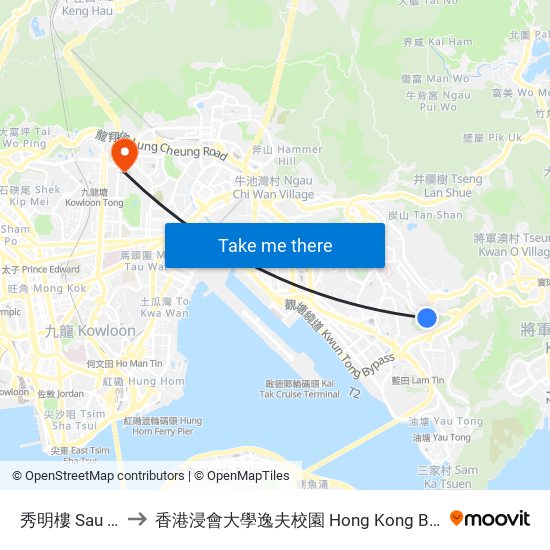 秀明樓 Sau Ming House to 香港浸會大學逸夫校園 Hong Kong Baptist University Shaw Campus map