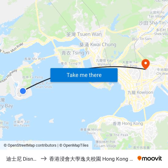 迪士尼 Disneyland Resort to 香港浸會大學逸夫校園 Hong Kong Baptist University Shaw Campus map