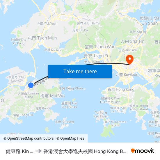 健東路 Kin Tung Road to 香港浸會大學逸夫校園 Hong Kong Baptist University Shaw Campus map