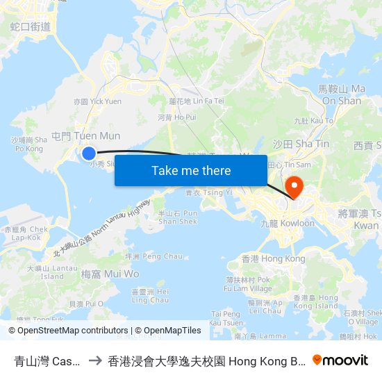 青山灣 Castle Peak Bay to 香港浸會大學逸夫校園 Hong Kong Baptist University Shaw Campus map