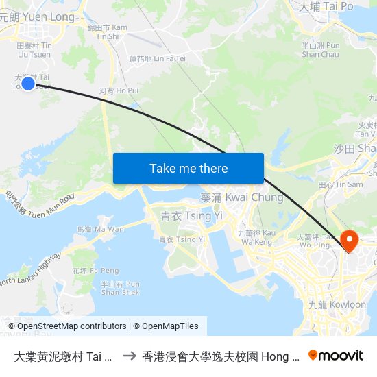 大棠黃泥墩村 Tai Tong Wong Nai Tun Tsuen to 香港浸會大學逸夫校園 Hong Kong Baptist University Shaw Campus map