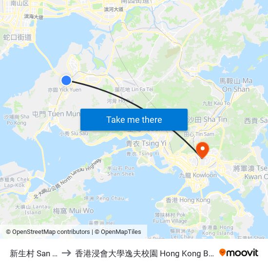 新生村 San Sang Tsuen to 香港浸會大學逸夫校園 Hong Kong Baptist University Shaw Campus map