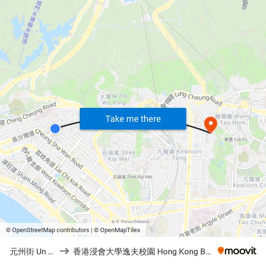 元州街 Un Chau Street to 香港浸會大學逸夫校園 Hong Kong Baptist University Shaw Campus map