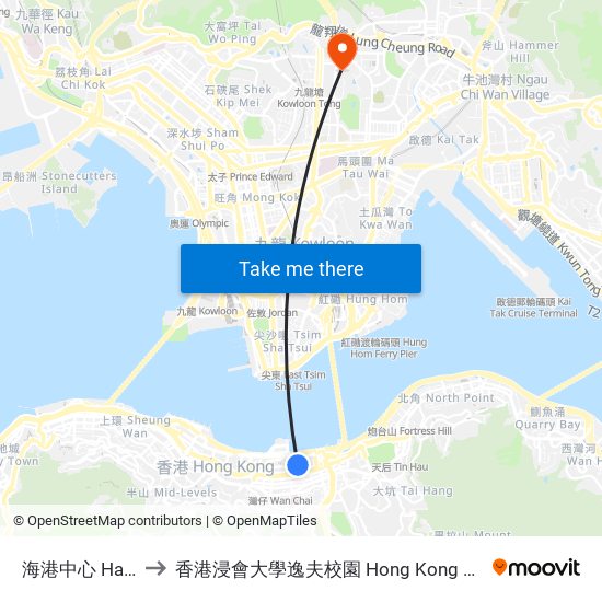 海港中心 Harbour Centre to 香港浸會大學逸夫校園 Hong Kong Baptist University Shaw Campus map