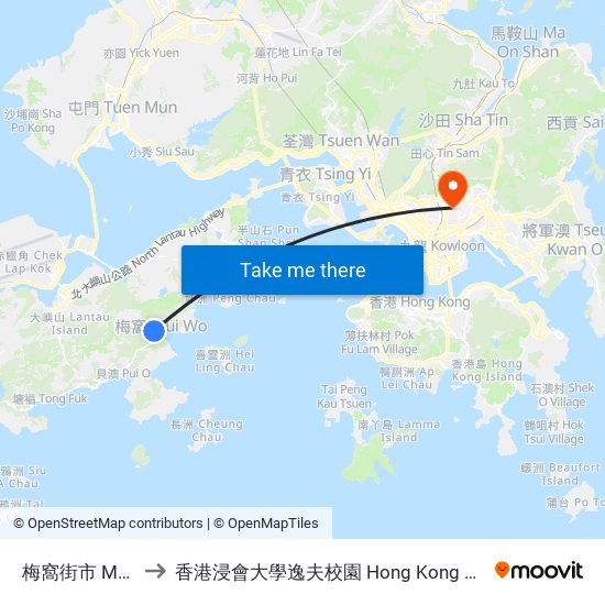 梅窩街市 Mui Wo Market to 香港浸會大學逸夫校園 Hong Kong Baptist University Shaw Campus map