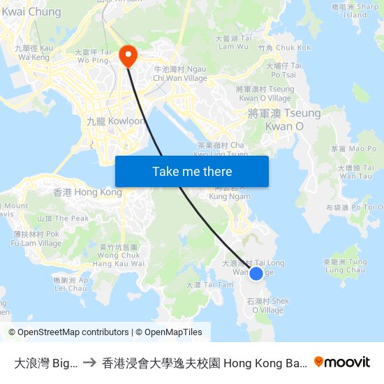大浪灣 Big Wave Bay to 香港浸會大學逸夫校園 Hong Kong Baptist University Shaw Campus map