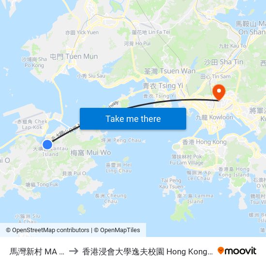 馬灣新村 MA Wan Sun Tsuen to 香港浸會大學逸夫校園 Hong Kong Baptist University Shaw Campus map