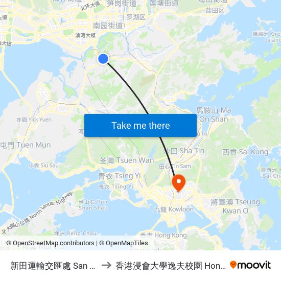 新田運輸交匯處 San Tin Public Transport Interchange to 香港浸會大學逸夫校園 Hong Kong Baptist University Shaw Campus map