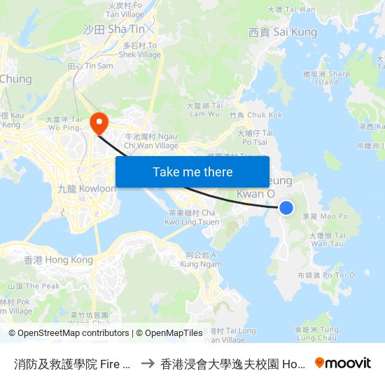 消防及救護學院 Fire And Ambulance Services Academy to 香港浸會大學逸夫校園 Hong Kong Baptist University Shaw Campus map