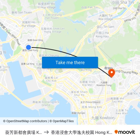 葵芳新都會廣場 Kwai Fong (Metroplaza) to 香港浸會大學逸夫校園 Hong Kong Baptist University Shaw Campus map