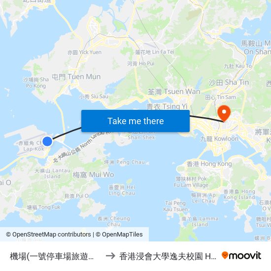 機場(一號停車場旅遊車泊位) Airport (Carpark 1 Coach Station) to 香港浸會大學逸夫校園 Hong Kong Baptist University Shaw Campus map