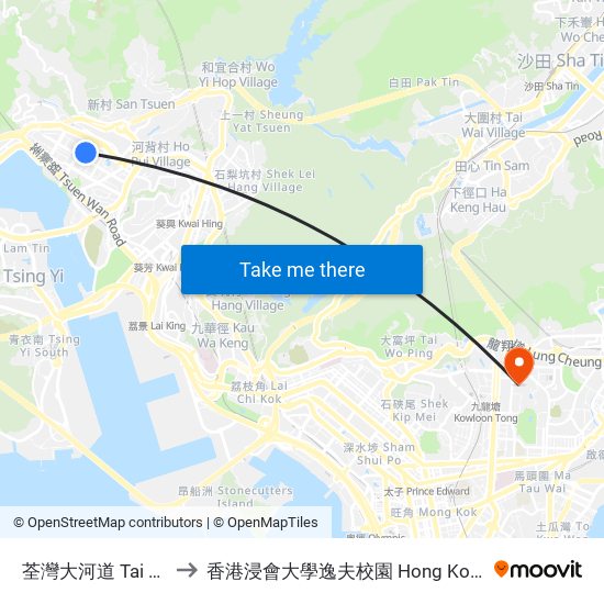 荃灣大河道 Tai Ho Road Tsuen Wan to 香港浸會大學逸夫校園 Hong Kong Baptist University Shaw Campus map