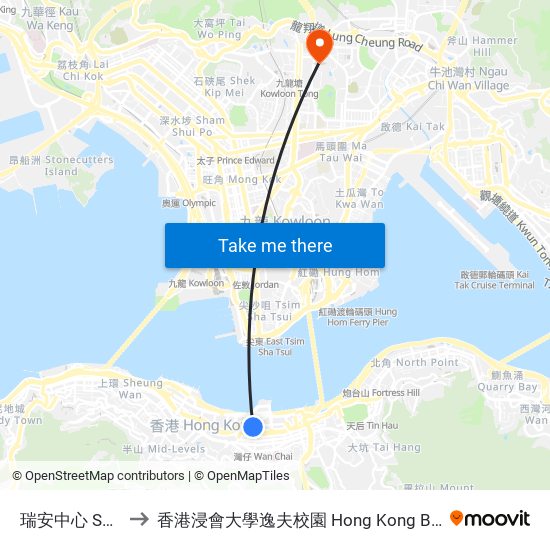 瑞安中心 Shui on Centre to 香港浸會大學逸夫校園 Hong Kong Baptist University Shaw Campus map