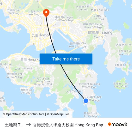 土地灣 To Tei Wan to 香港浸會大學逸夫校園 Hong Kong Baptist University Shaw Campus map