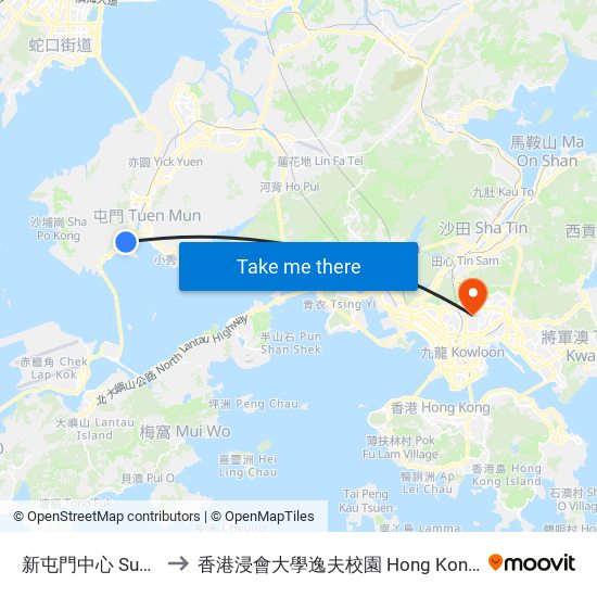 新屯門中心 Sun Tuen Mun Centre to 香港浸會大學逸夫校園 Hong Kong Baptist University Shaw Campus map