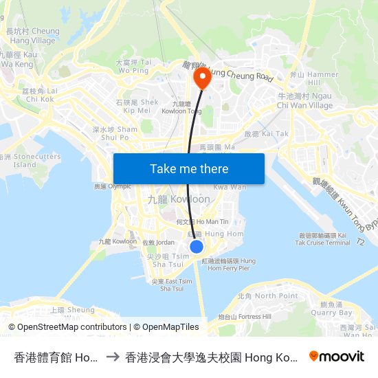 香港體育館 Hong Kong Coliseum to 香港浸會大學逸夫校園 Hong Kong Baptist University Shaw Campus map