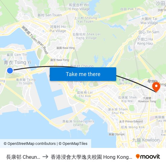 長康邨 Cheung Hong Estate to 香港浸會大學逸夫校園 Hong Kong Baptist University Shaw Campus map