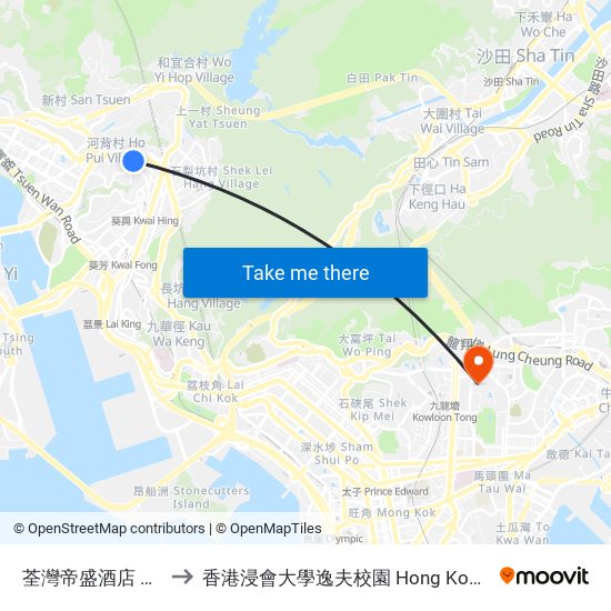 荃灣帝盛酒店 Dorsett Tsuen Wan to 香港浸會大學逸夫校園 Hong Kong Baptist University Shaw Campus map