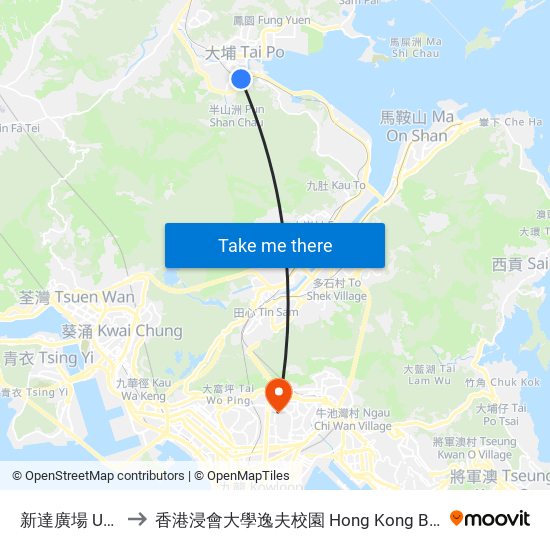 新達廣場 Uptown Plaza to 香港浸會大學逸夫校園 Hong Kong Baptist University Shaw Campus map