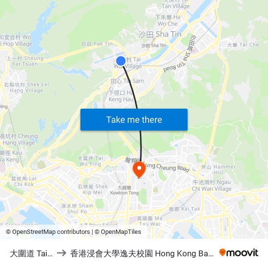 大圍道 Tai Wai Road to 香港浸會大學逸夫校園 Hong Kong Baptist University Shaw Campus map