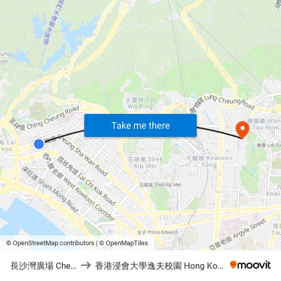 長沙灣廣場 Cheung Sha Wan Plaza to 香港浸會大學逸夫校園 Hong Kong Baptist University Shaw Campus map