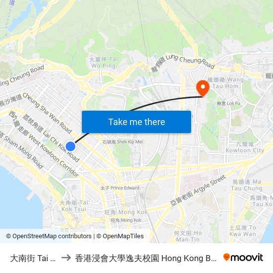 大南街 Tai Nam Street to 香港浸會大學逸夫校園 Hong Kong Baptist University Shaw Campus map