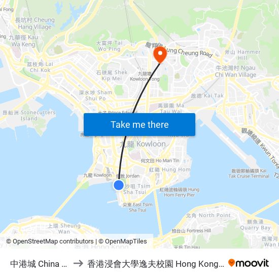中港城 China Hong Kong City to 香港浸會大學逸夫校園 Hong Kong Baptist University Shaw Campus map