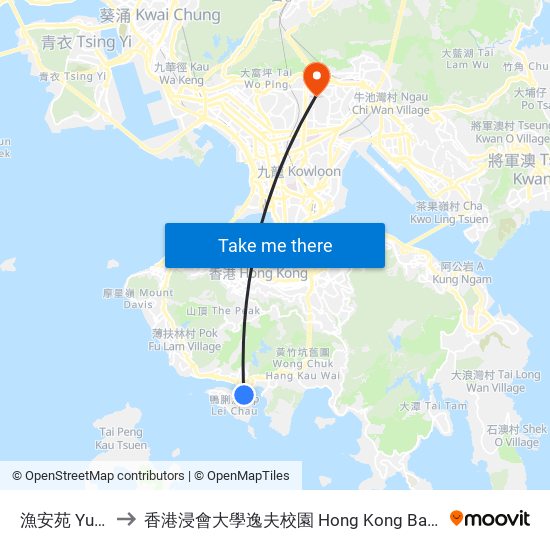 漁安苑 Yue on Court to 香港浸會大學逸夫校園 Hong Kong Baptist University Shaw Campus map