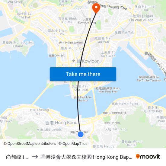 尚翹峰 the Zenith to 香港浸會大學逸夫校園 Hong Kong Baptist University Shaw Campus map