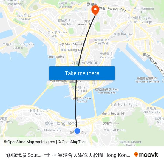 修頓球場 Southorn Playground to 香港浸會大學逸夫校園 Hong Kong Baptist University Shaw Campus map