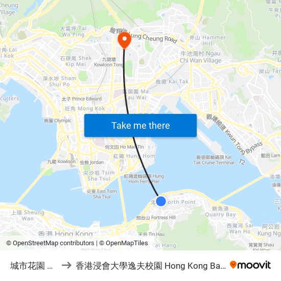 城市花園 City Garden to 香港浸會大學逸夫校園 Hong Kong Baptist University Shaw Campus map