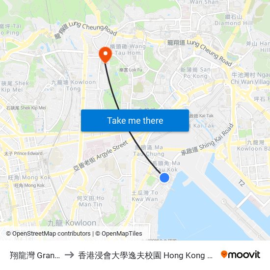 翔龍灣 Grand Waterfront to 香港浸會大學逸夫校園 Hong Kong Baptist University Shaw Campus map