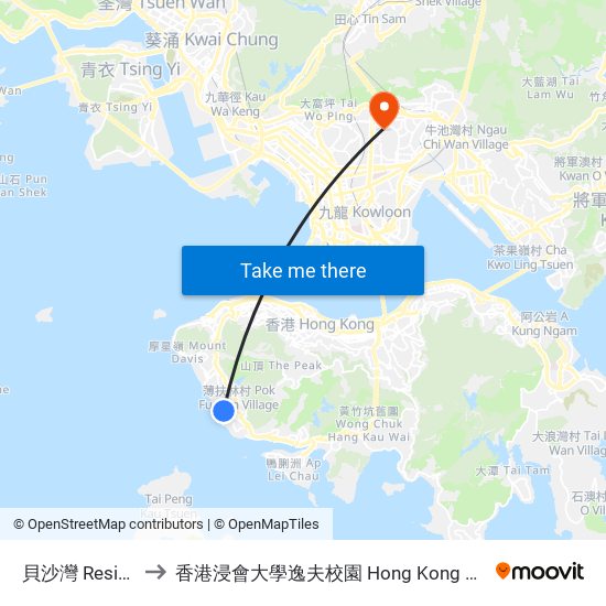 貝沙灣 Residence Bel-Air to 香港浸會大學逸夫校園 Hong Kong Baptist University Shaw Campus map