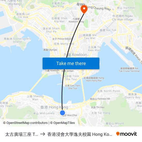 太古廣場三座 Three Pacific Place to 香港浸會大學逸夫校園 Hong Kong Baptist University Shaw Campus map