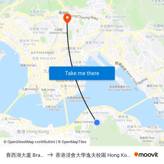 賽西湖大廈 Braemar Hill Mansions to 香港浸會大學逸夫校園 Hong Kong Baptist University Shaw Campus map