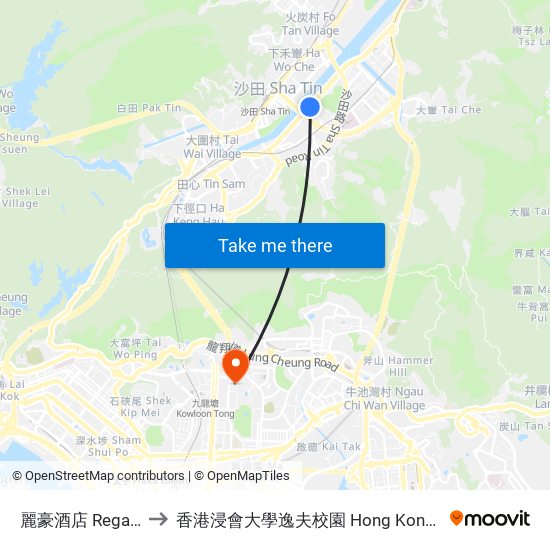 麗豪酒店 Regal Riverside Hotel to 香港浸會大學逸夫校園 Hong Kong Baptist University Shaw Campus map