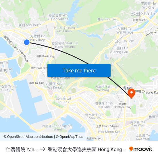 仁濟醫院 Yan Chai Hospital to 香港浸會大學逸夫校園 Hong Kong Baptist University Shaw Campus map