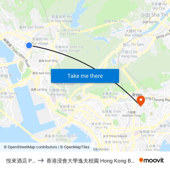 悅來酒店 Panda Hotel to 香港浸會大學逸夫校園 Hong Kong Baptist University Shaw Campus map