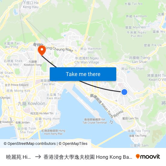 曉麗苑 Hiu Lai Court to 香港浸會大學逸夫校園 Hong Kong Baptist University Shaw Campus map