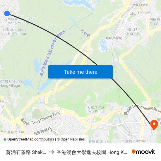 葵涌石蔭路 Shek Yam Rd. Kwai Chung to 香港浸會大學逸夫校園 Hong Kong Baptist University Shaw Campus map
