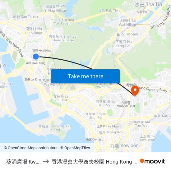葵涌廣場 Kwai Chung Plaza to 香港浸會大學逸夫校園 Hong Kong Baptist University Shaw Campus map