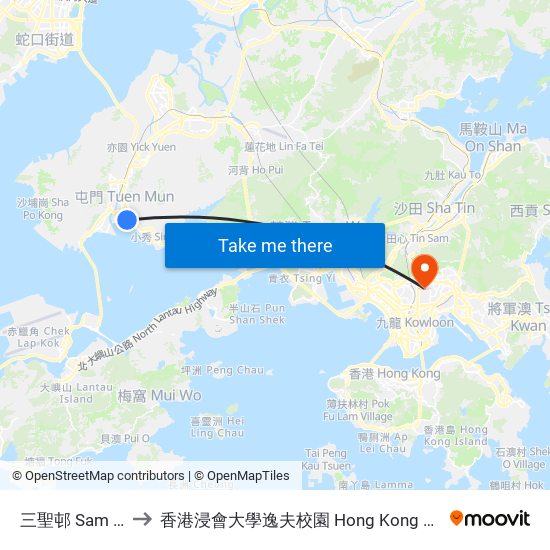 三聖邨 Sam Shing Estate to 香港浸會大學逸夫校園 Hong Kong Baptist University Shaw Campus map