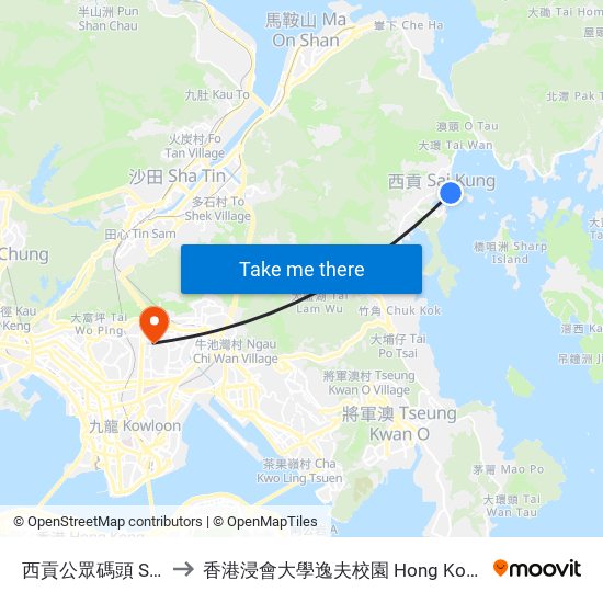 西貢公眾碼頭 Sai Kung Public Pier to 香港浸會大學逸夫校園 Hong Kong Baptist University Shaw Campus map