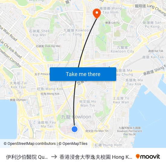 伊利沙伯醫院 Queen Elizabeth Hospital to 香港浸會大學逸夫校園 Hong Kong Baptist University Shaw Campus map