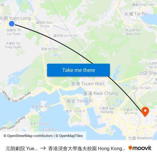 元朗劇院 Yuen Long Theatre to 香港浸會大學逸夫校園 Hong Kong Baptist University Shaw Campus map