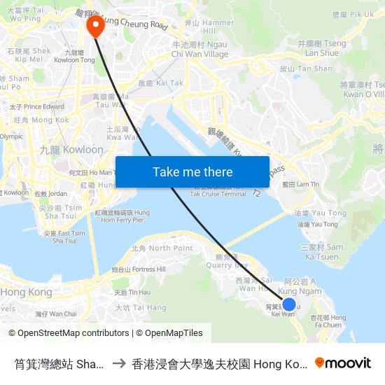 筲箕灣總站 Shau Kei Wan Terminus to 香港浸會大學逸夫校園 Hong Kong Baptist University Shaw Campus map