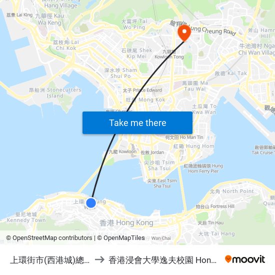 上環街市(西港城)總站 Western Market Terminus to 香港浸會大學逸夫校園 Hong Kong Baptist University Shaw Campus map