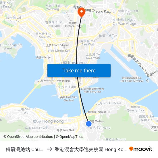 銅鑼灣總站 Causeway Bay Terminus to 香港浸會大學逸夫校園 Hong Kong Baptist University Shaw Campus map